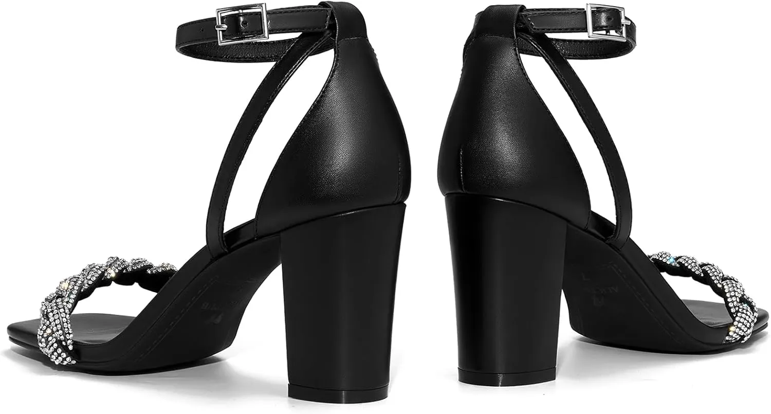 ALICEPUB Women's Braided Heeled Sandals 3 inch Chunky Block Heels Strappy Heels Square Open Toe Heels for Women Wedding Party Dressy