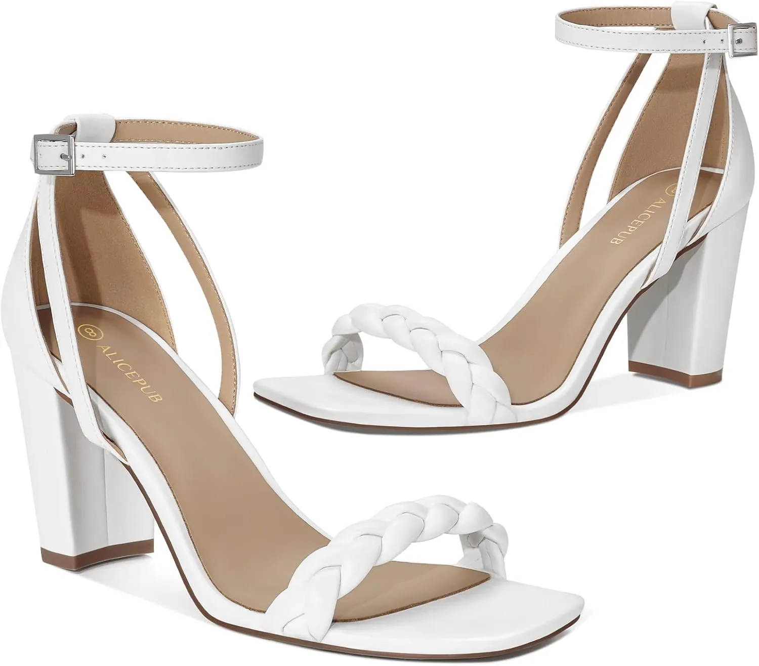 ALICEPUB Women's Braided Heeled Sandals 3 inch Chunky Block Heels Strappy Heels Square Open Toe Heels for Women Wedding Party Dressy