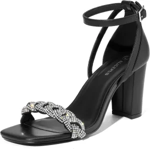 ALICEPUB Women's Braided Heeled Sandals 3 inch Chunky Block Heels Strappy Heels Square Open Toe Heels for Women Wedding Party Dressy