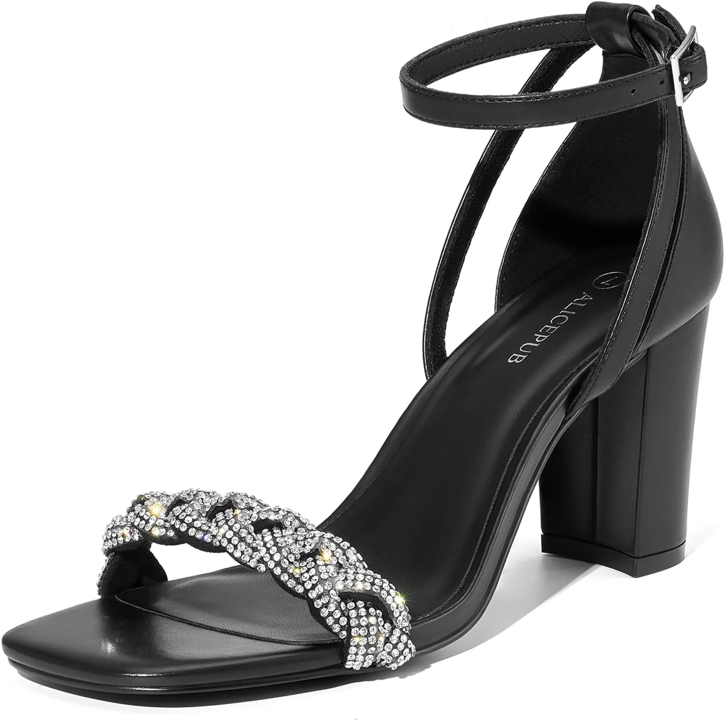 ALICEPUB Women's Braided Heeled Sandals 3 inch Chunky Block Heels Strappy Heels Square Open Toe Heels for Women Wedding Party Dressy