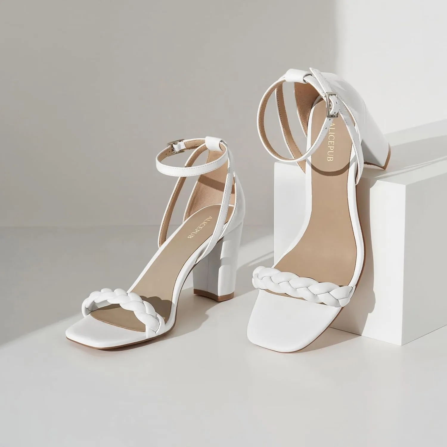 ALICEPUB Women's Braided Heeled Sandals 3 inch Chunky Block Heels Strappy Heels Square Open Toe Heels for Women Wedding Party Dressy