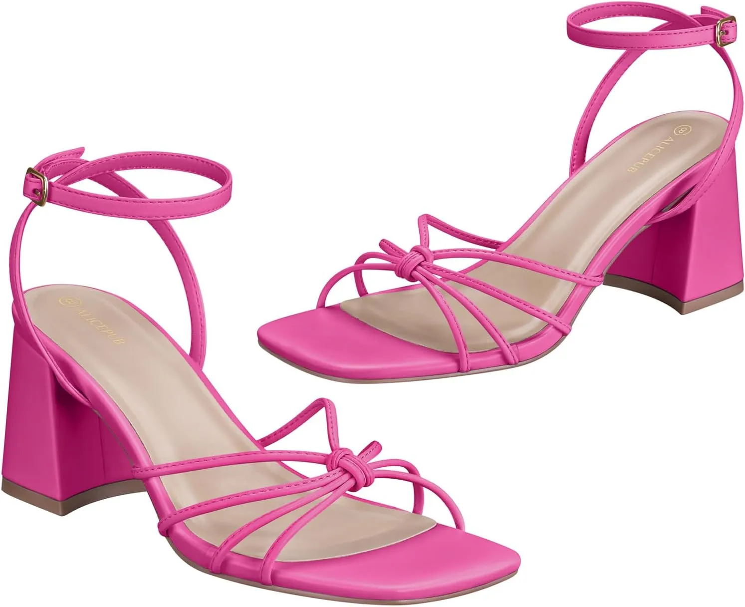 ALICEPUB Women's Chunky Block Heels Strappy Heels Square Open Toe Heeled Sandals Short Heels Comfortable Dressy Shoes Wedding Bridal Party