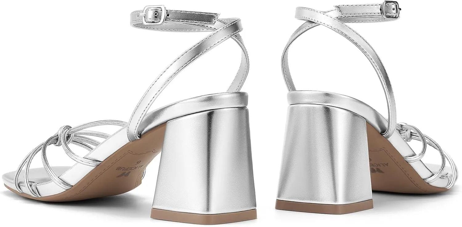 ALICEPUB Women's Chunky Block Heels Strappy Heels Square Open Toe Heeled Sandals Short Heels Comfortable Dressy Shoes Wedding Bridal Party