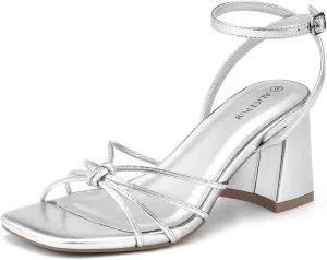 ALICEPUB Women's Chunky Block Heels Strappy Heels Square Open Toe Heeled Sandals Short Heels Comfortable Dressy Shoes Wedding Bridal Party
