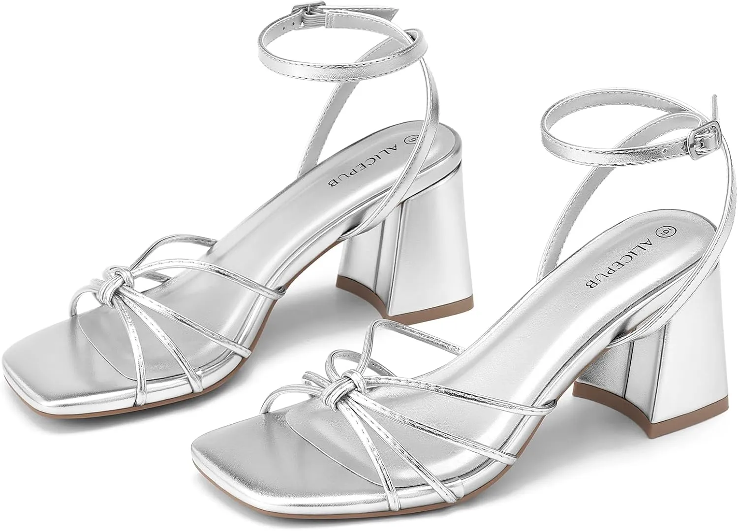 ALICEPUB Women's Chunky Block Heels Strappy Heels Square Open Toe Heeled Sandals Short Heels Comfortable Dressy Shoes Wedding Bridal Party