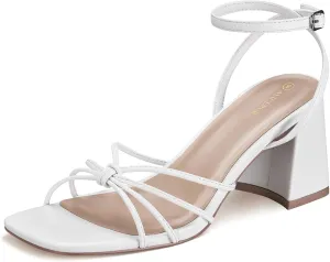 ALICEPUB Women's Strappy Heels Square Open Toe Heeled Sandals Chunky Block Heels Short Heels Comfortable Dress Shoes for Wedding Bridal Party