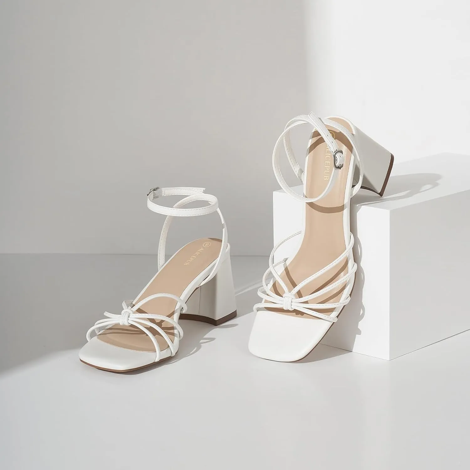 ALICEPUB Women's Strappy Heels Square Open Toe Heeled Sandals Chunky Block Heels Short Heels Comfortable Dress Shoes for Wedding Bridal Party