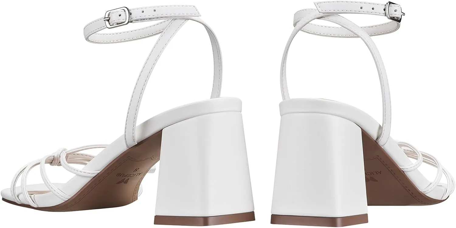 ALICEPUB Women's Strappy Heels Square Open Toe Heeled Sandals Chunky Block Heels Short Heels Comfortable Dress Shoes for Wedding Bridal Party