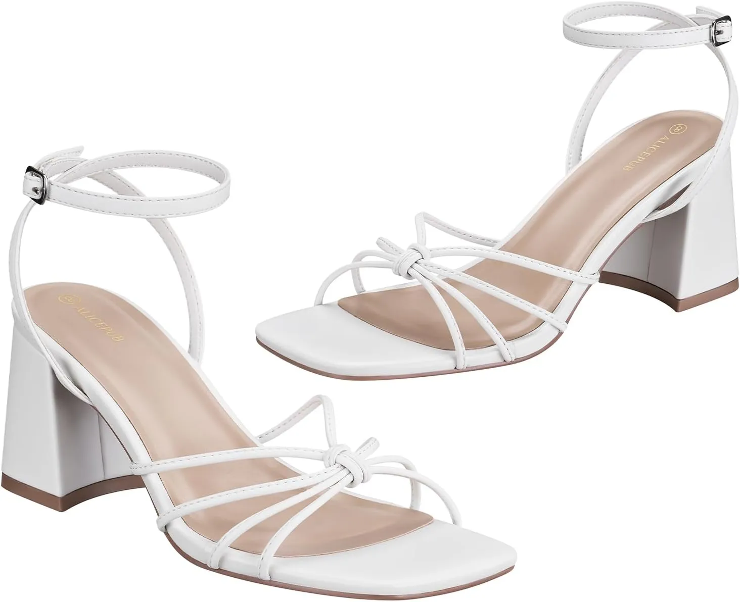 ALICEPUB Women's Strappy Heels Square Open Toe Heeled Sandals Chunky Block Heels Short Heels Comfortable Dress Shoes for Wedding Bridal Party