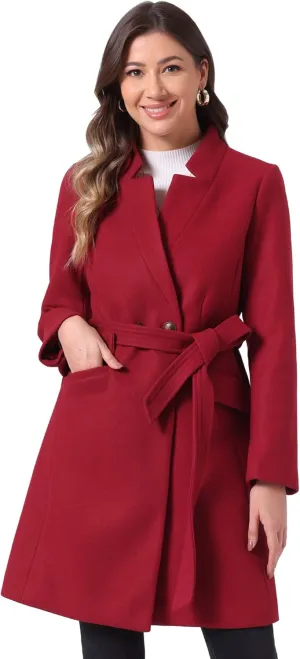 Allegra K Winter Belted Coat for Women's Stand Collar Buttoned Outwear Mid-Long Work Overcoat