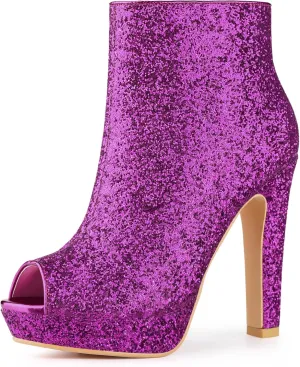 Allegra K Women's Glitter Platform Chunky Heeled Open Toe Heel Ankle Boots