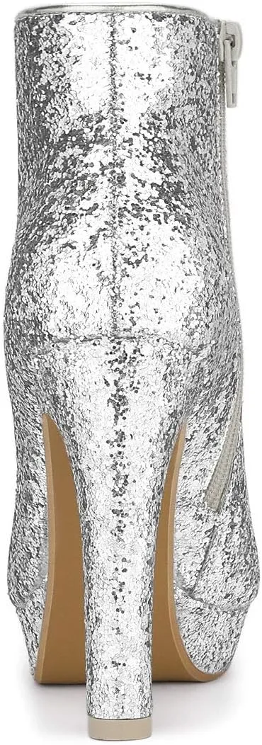 Allegra K Women's Glitter Platform Chunky Heeled Open Toe Heel Ankle Boots