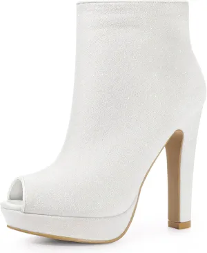 Allegra K Women's Glitter Platform Chunky Heeled Open Toe Heel Ankle Boots
