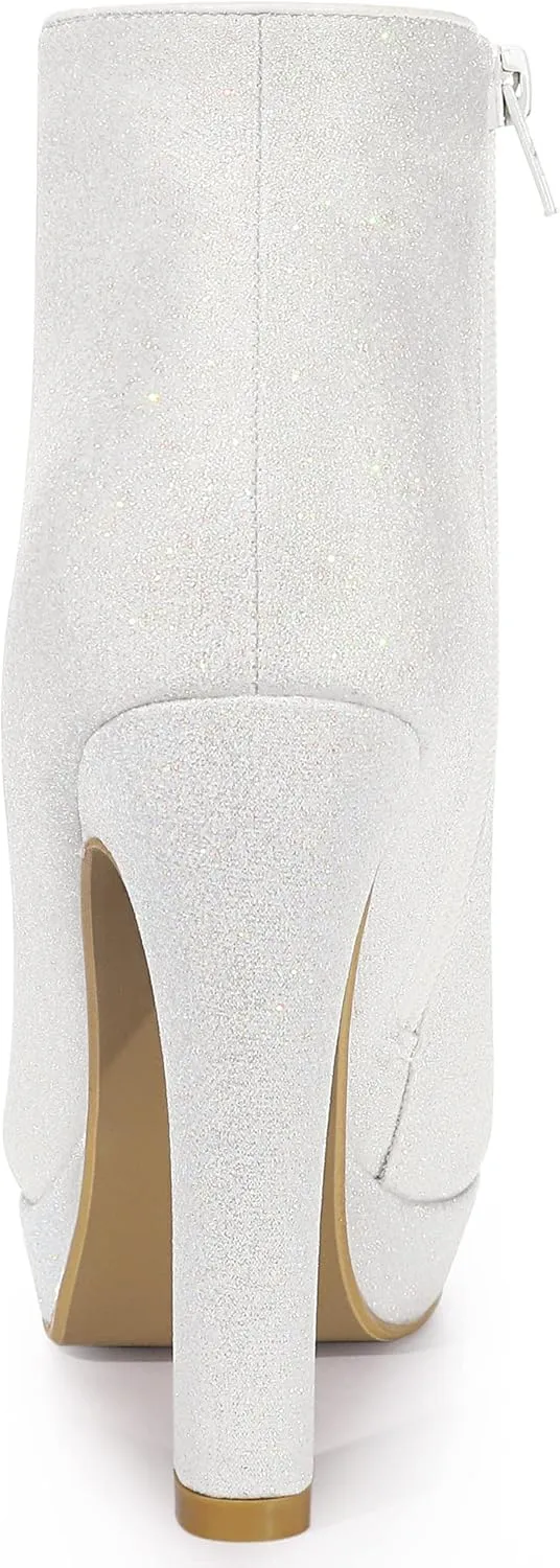 Allegra K Women's Glitter Platform Chunky Heeled Open Toe Heel Ankle Boots