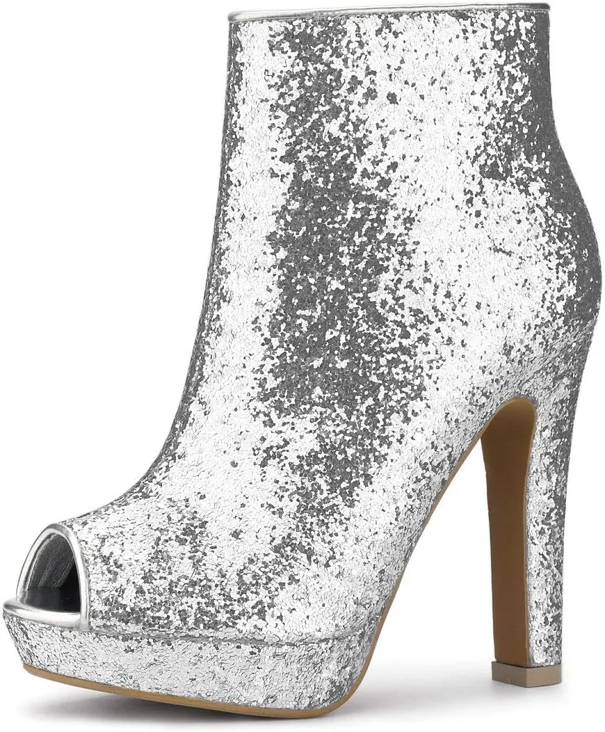 Allegra K Women's Glitter Platform Chunky Heeled Open Toe Heel Ankle Boots