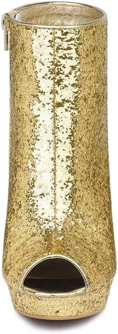 Allegra K Women's Glitter Platform Chunky Heeled Open Toe Heel Ankle Boots