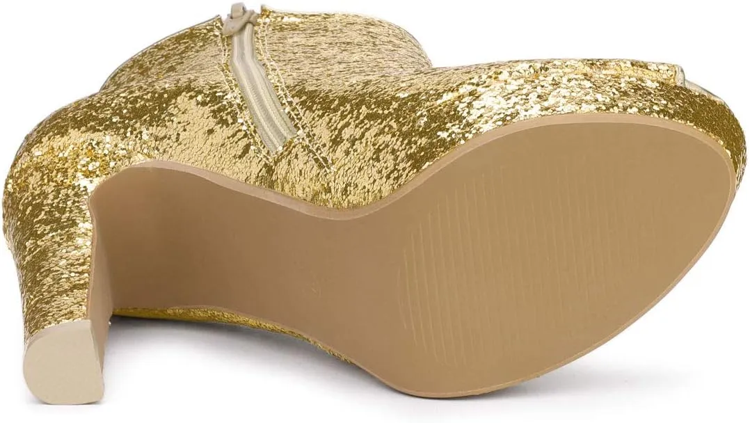 Allegra K Women's Glitter Platform Chunky Heeled Open Toe Heel Ankle Boots