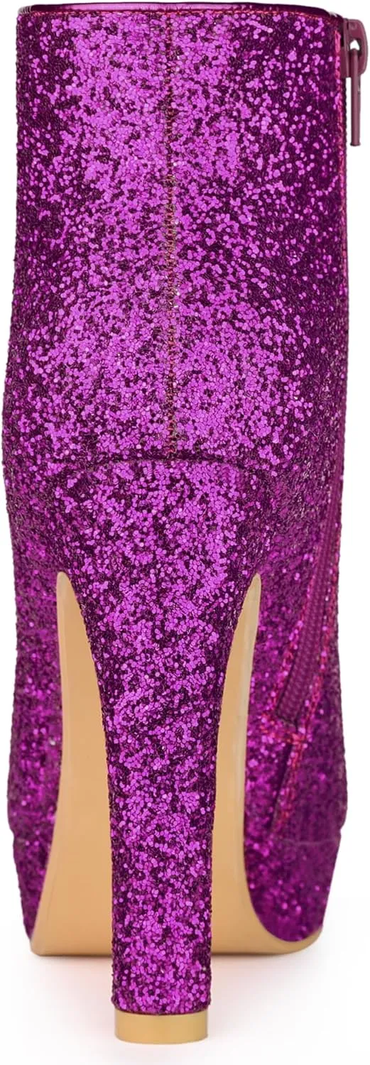 Allegra K Women's Glitter Platform Chunky Heeled Open Toe Heel Ankle Boots