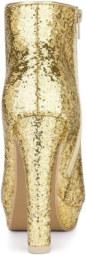 Allegra K Women's Glitter Platform Chunky Heeled Open Toe Heel Ankle Boots