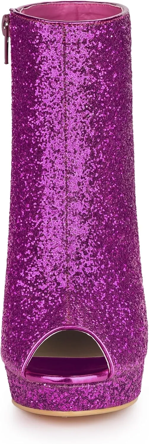 Allegra K Women's Glitter Platform Chunky Heeled Open Toe Heel Ankle Boots