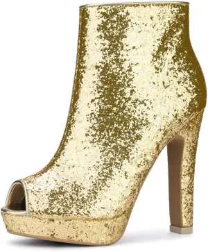 Allegra K Women's Glitter Platform Chunky Heeled Open Toe Heel Ankle Boots