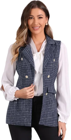 Allegra K Women's Vintage Tweed Blazer Vest Open Front Plaid Sleeveless Cardigan Casual Work Vest Jacket