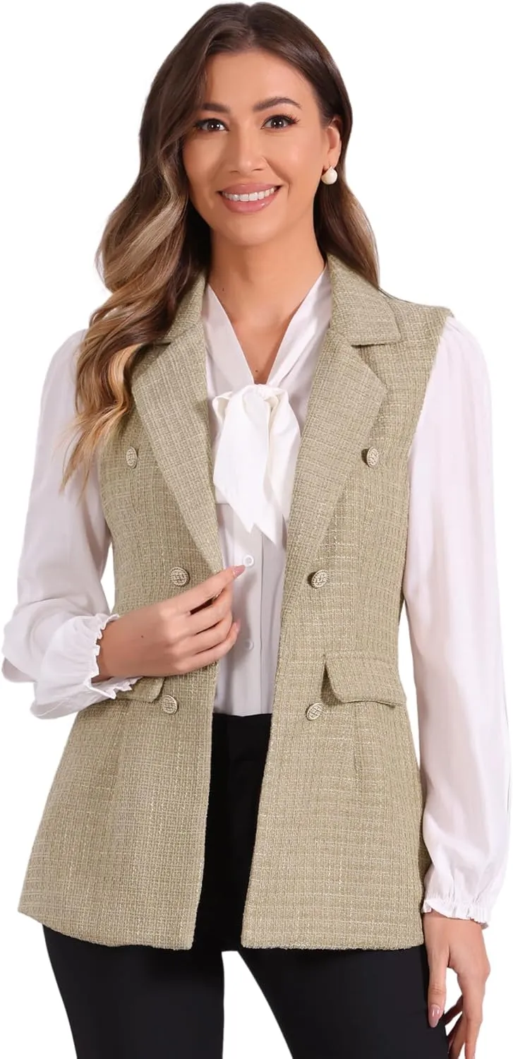 Allegra K Women's Vintage Tweed Blazer Vest Open Front Plaid Sleeveless Cardigan Casual Work Vest Jacket