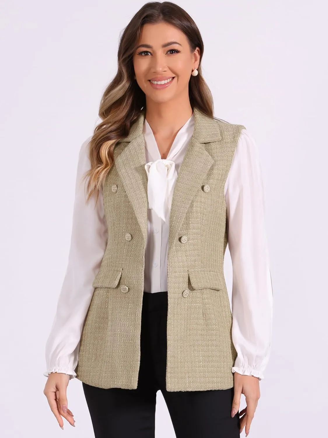 Allegra K Women's Vintage Tweed Blazer Vest Open Front Plaid Sleeveless Cardigan Casual Work Vest Jacket