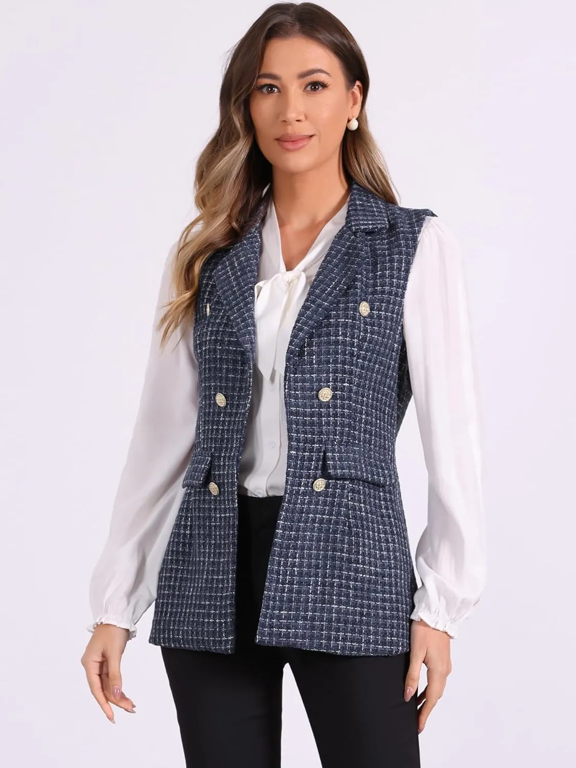 Allegra K Women's Vintage Tweed Blazer Vest Open Front Plaid Sleeveless Cardigan Casual Work Vest Jacket