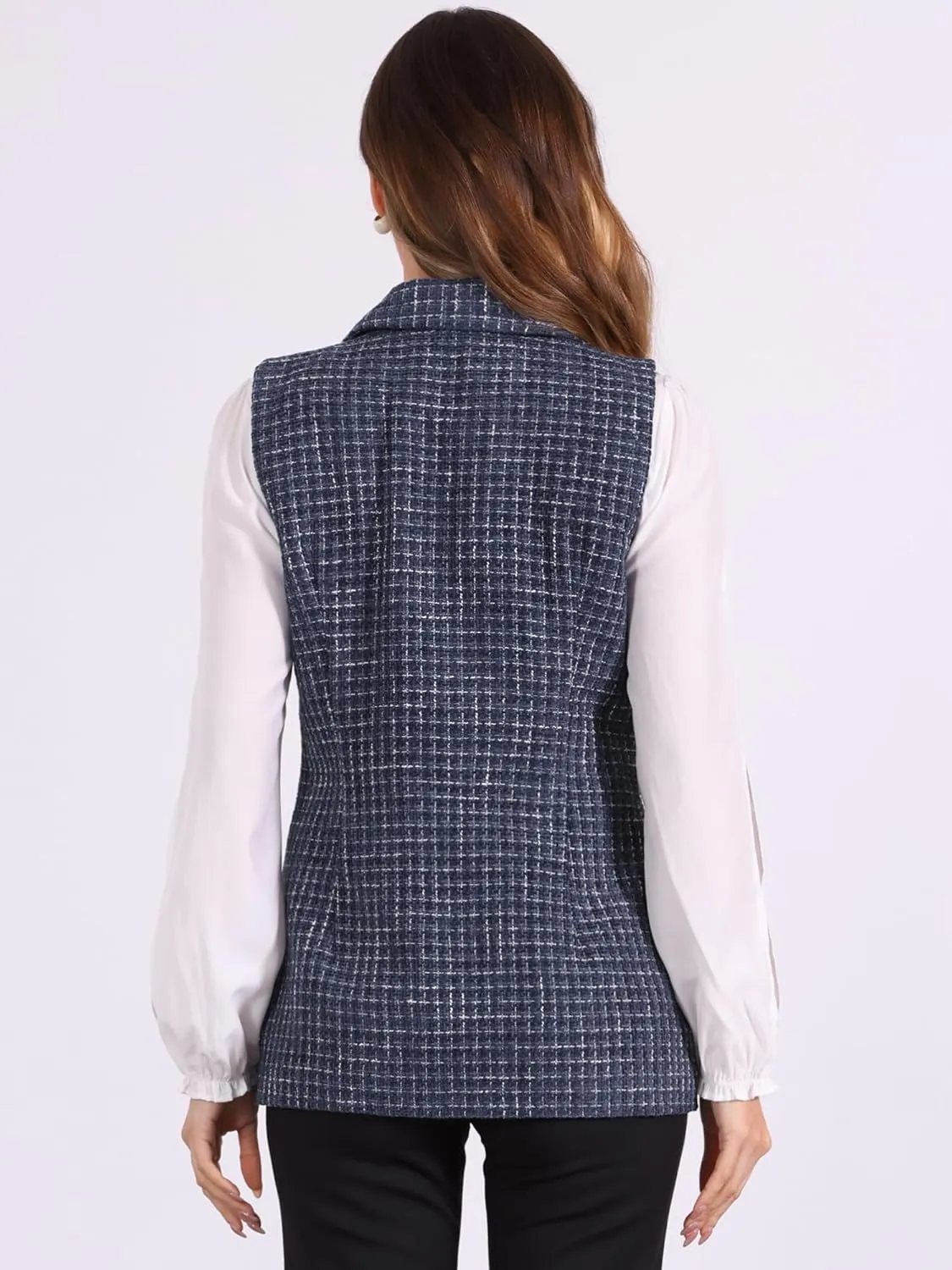 Allegra K Women's Vintage Tweed Blazer Vest Open Front Plaid Sleeveless Cardigan Casual Work Vest Jacket