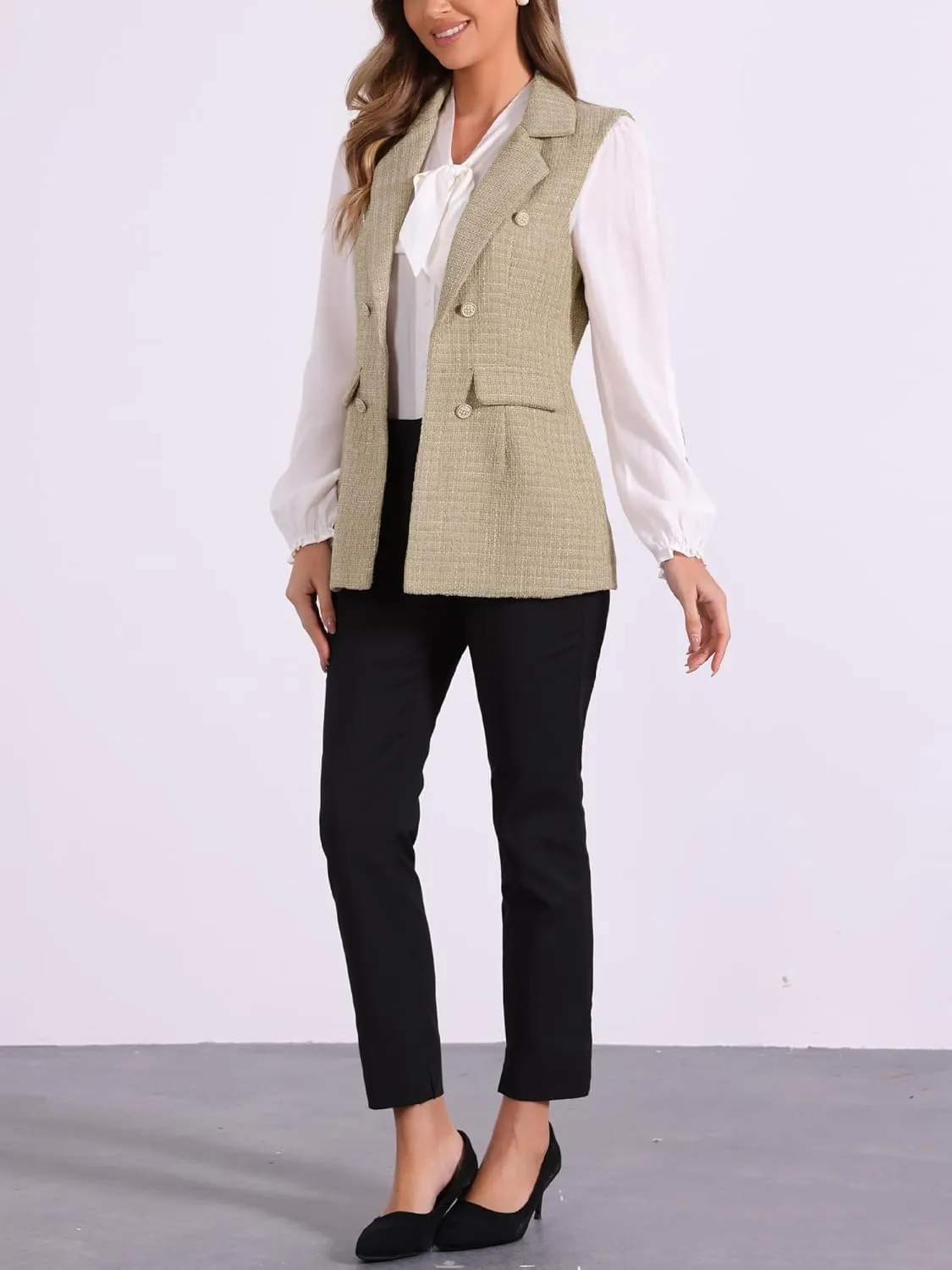 Allegra K Women's Vintage Tweed Blazer Vest Open Front Plaid Sleeveless Cardigan Casual Work Vest Jacket