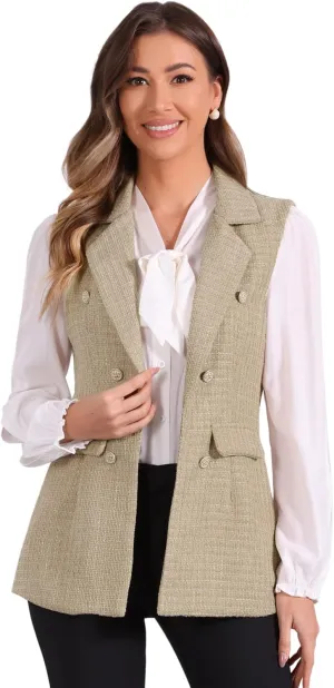 Allegra K Women's Vintage Tweed Blazer Vest Open Front Plaid Sleeveless Cardigan Casual Work Vest Jacket