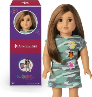 American Girl Truly Me 18-inch Doll #107 with Brown Eyes, Brown Hair, Light-to-Medium Skin, Camo T-shirt Dress, For Ages 6 