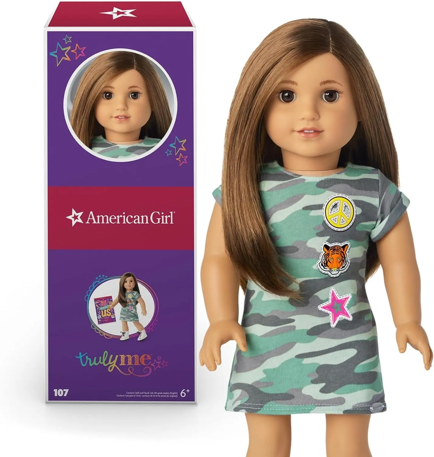 American Girl Truly Me 18-inch Doll #107 with Brown Eyes, Brown Hair, Light-to-Medium Skin, Camo T-shirt Dress, For Ages 6 