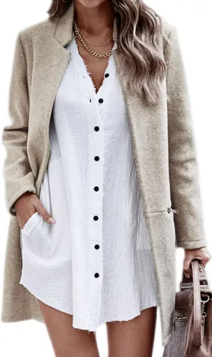 Angashion Women’s Coat, Long Sleeve Stand Collar Cardigan Mid-Long Open Front Outwear Overcoat with Zipper Pockets