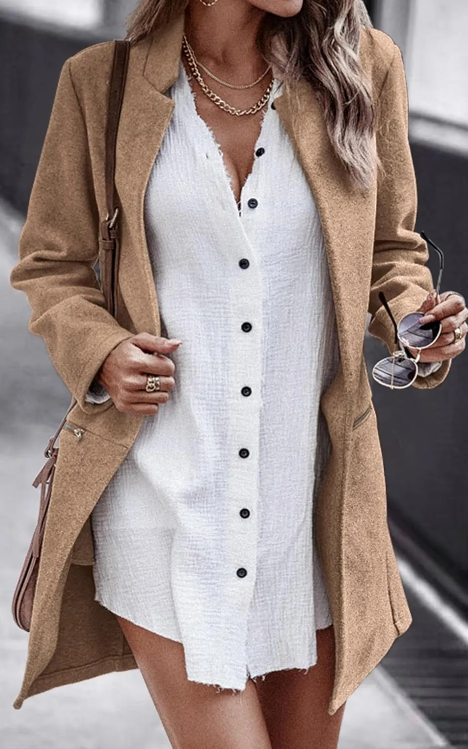 Angashion Women’s Coat, Long Sleeve Stand Collar Cardigan Mid-Long Open Front Outwear Overcoat with Zipper Pockets