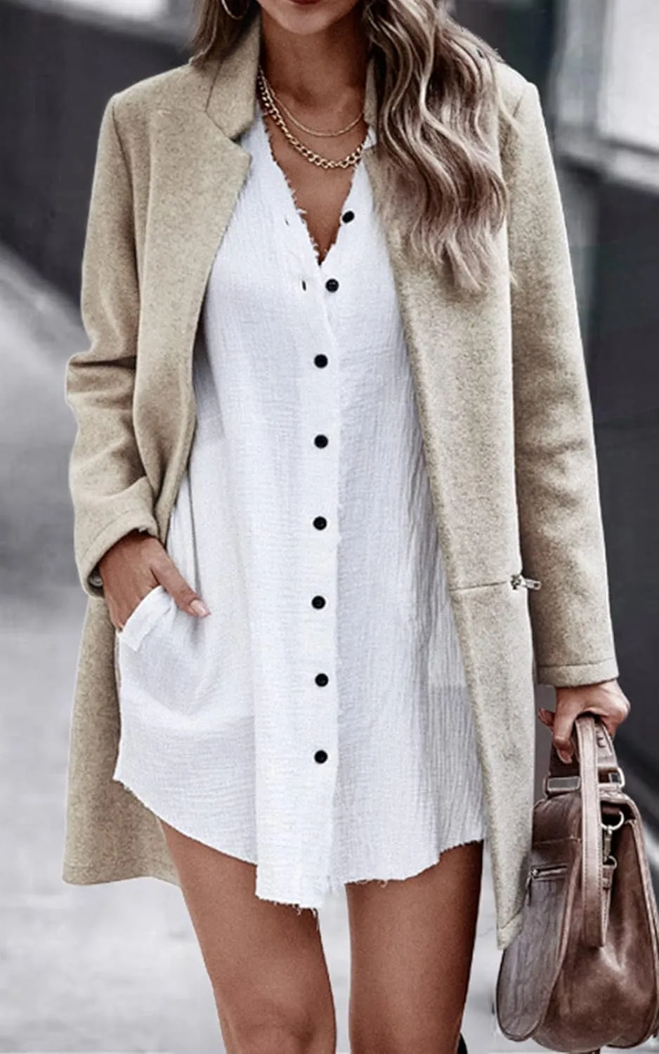 Angashion Women’s Coat, Long Sleeve Stand Collar Cardigan Mid-Long Open Front Outwear Overcoat with Zipper Pockets