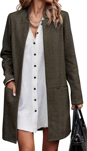 Angashion Women’s Coat, Long Sleeve Stand Collar Cardigan Mid-Long Open Front Outwear Overcoat with Zipper Pockets