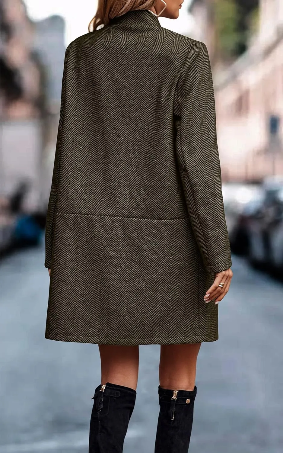 Angashion Women’s Coat, Long Sleeve Stand Collar Cardigan Mid-Long Open Front Outwear Overcoat with Zipper Pockets