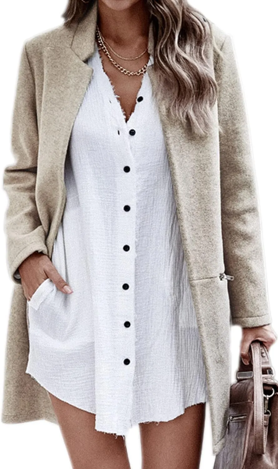 Angashion Women’s Coat, Long Sleeve Stand Collar Cardigan Mid-Long Open Front Outwear Overcoat with Zipper Pockets