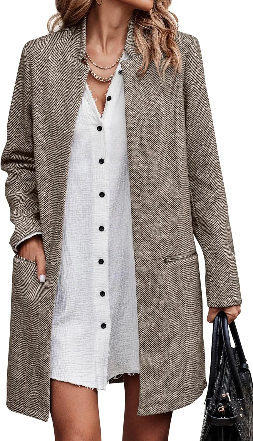 Angashion Women’s Coat, Long Sleeve Stand Collar Cardigan Mid-Long Open Front Outwear Overcoat with Zipper Pockets