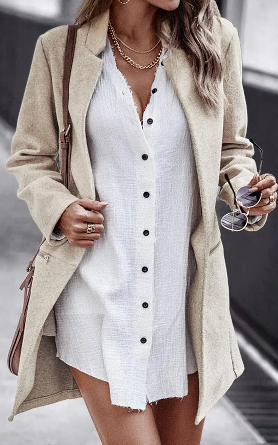 Angashion Women’s Coat, Long Sleeve Stand Collar Cardigan Mid-Long Open Front Outwear Overcoat with Zipper Pockets