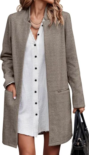 Angashion Women’s Coat, Long Sleeve Stand Collar Cardigan Mid-Long Open Front Outwear Overcoat with Zipper Pockets