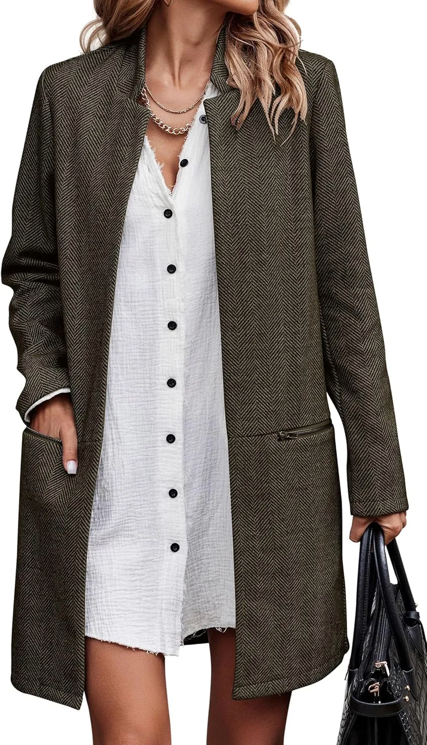Angashion Women’s Coat, Long Sleeve Stand Collar Cardigan Mid-Long Open Front Outwear Overcoat with Zipper Pockets