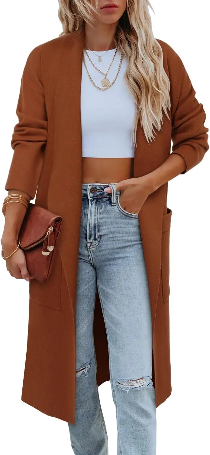 Angerella Women's Casual Long Sleeve Draped Open Front Knit Long Cardigan Sweater Outwear Coats with Pocket