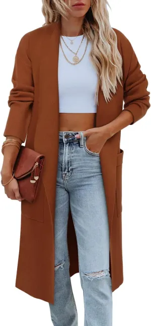 Angerella Women's Casual Long Sleeve Draped Open Front Knit Long Cardigan Sweater Outwear Coats with Pocket