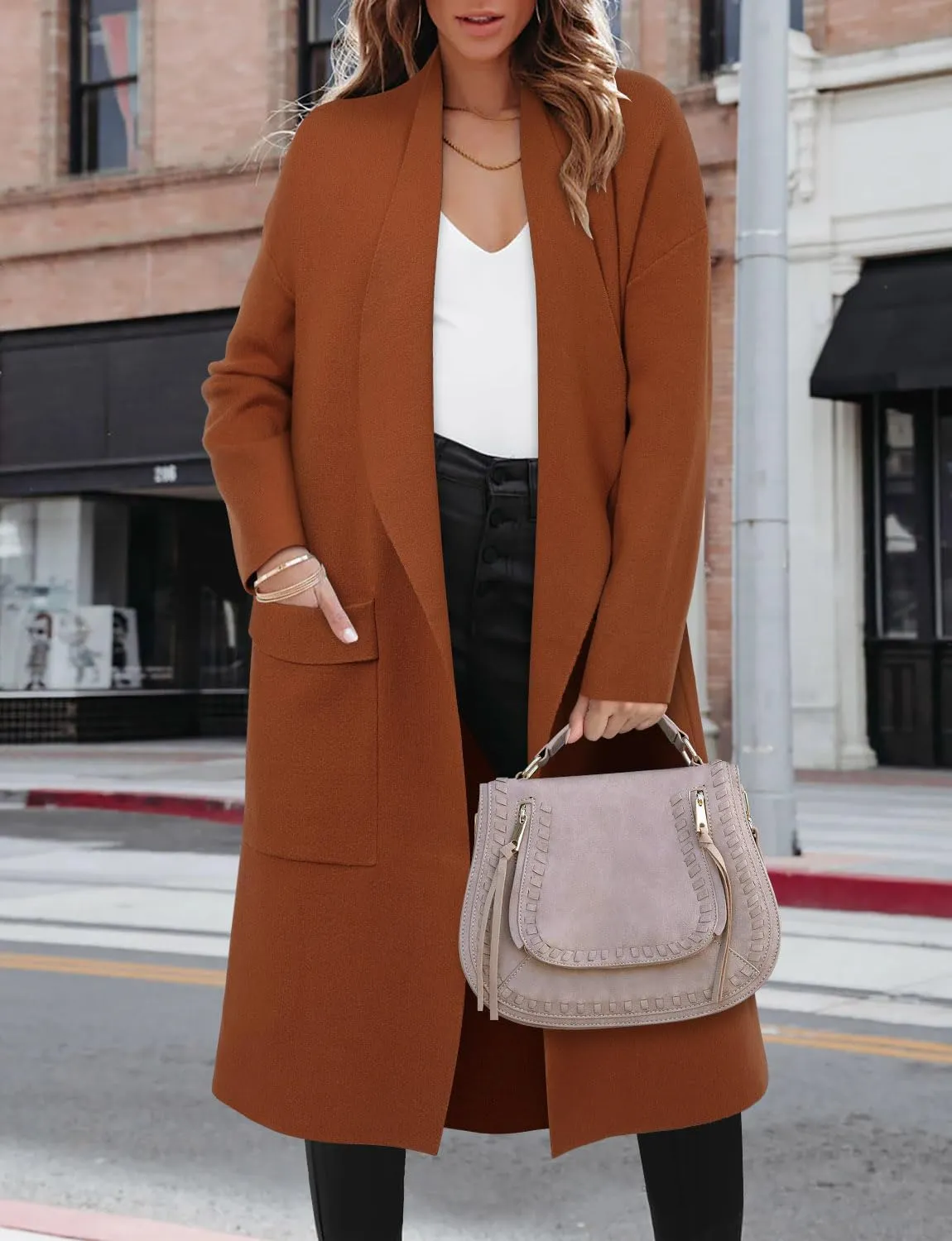 Angerella Women's Casual Long Sleeve Draped Open Front Knit Long Cardigan Sweater Outwear Coats with Pocket
