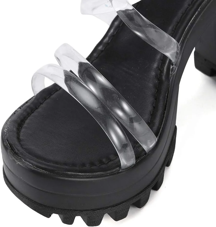 Aniywn Women's Chunky Heel Platform High Heels Shoes Sandals Clear Strappy Open Peep Toe Sandal
