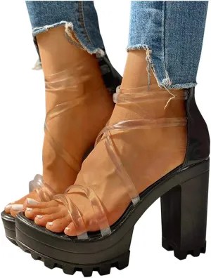 Aniywn Women's Chunky Heel Platform High Heels Shoes Sandals Clear Strappy Open Peep Toe Sandal
