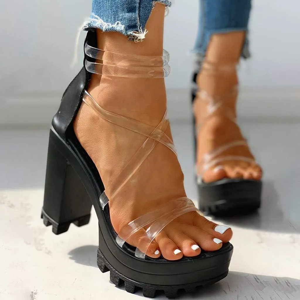 Aniywn Women's Chunky Heel Platform High Heels Shoes Sandals Clear Strappy Open Peep Toe Sandal